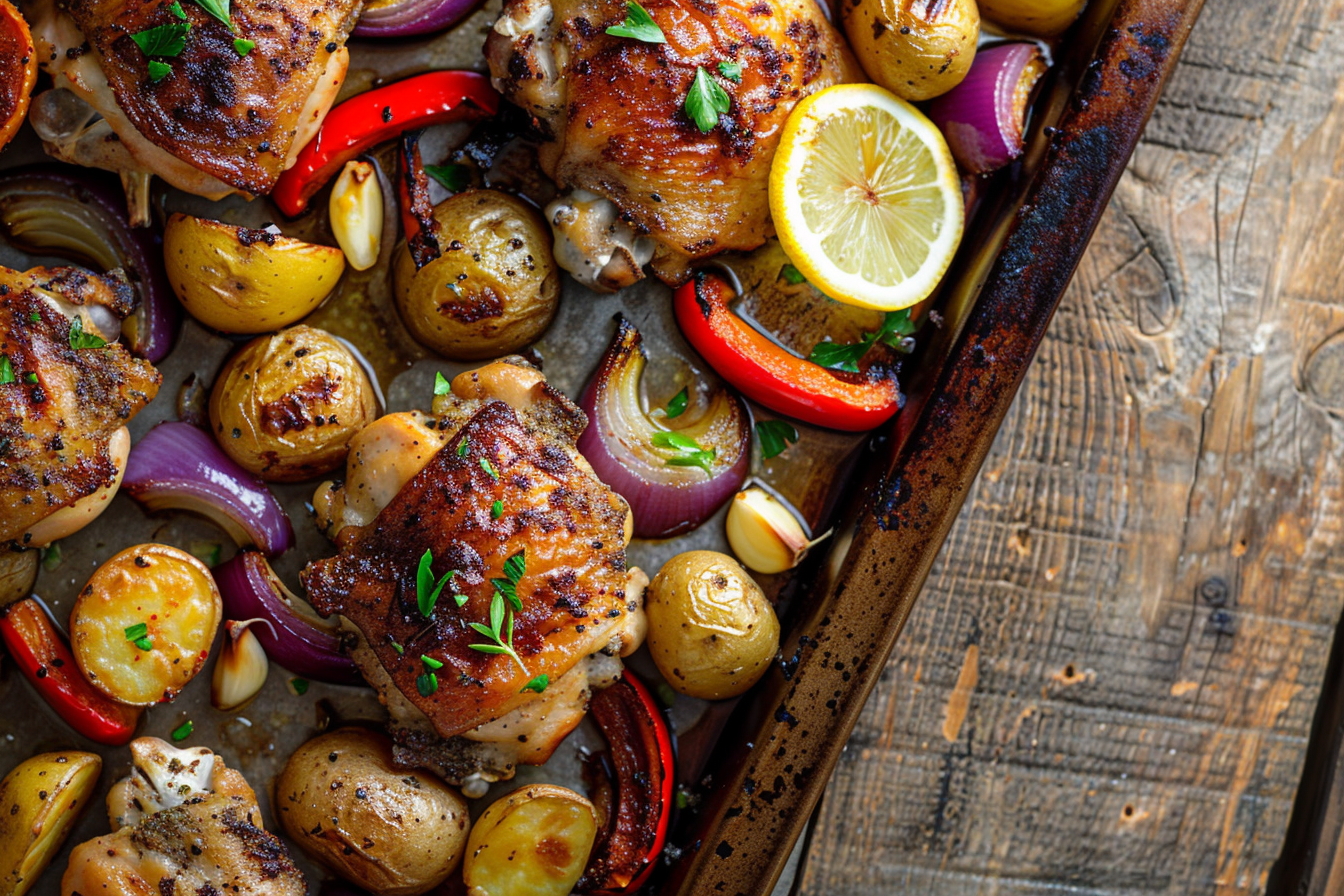 One-Pan-Hähnchen mit Ofengemüse – fertig angerichtet