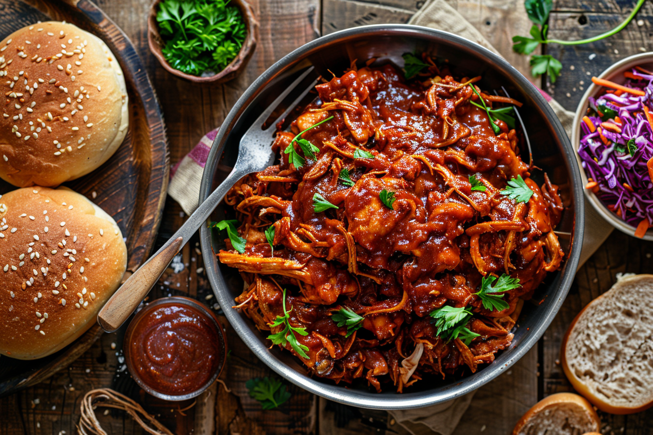 Slow-Cooker Pulled Chicken – fertig angerichtet und serviert
