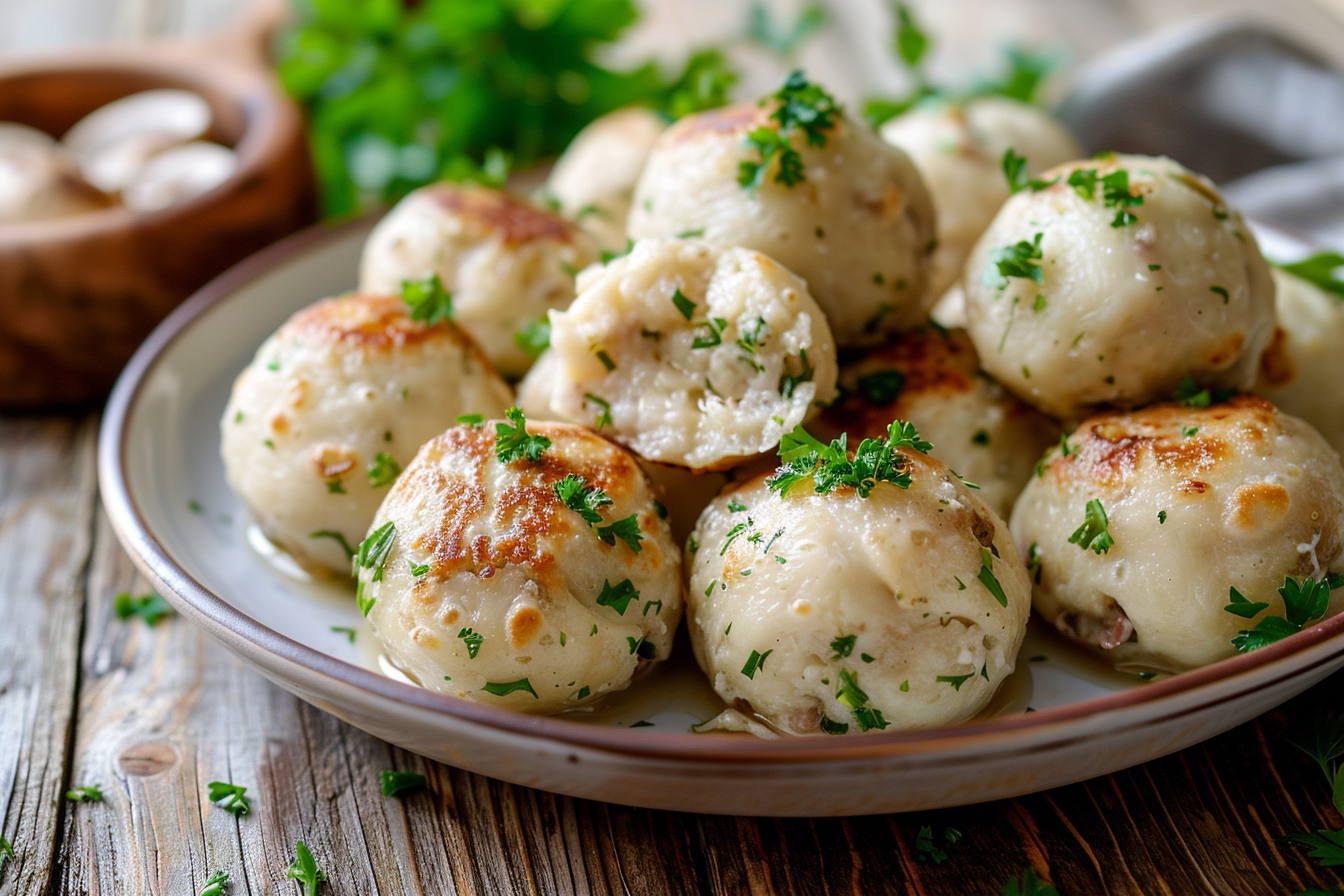 Semmelknödel aus altem Brot – fertig angerichtet und serviert