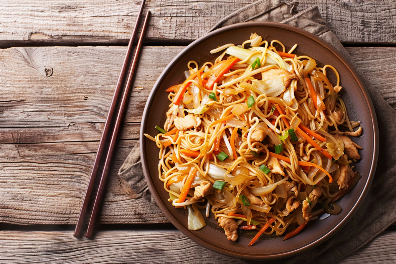 Chow Mein mit Hähnchen – fertig angerichtet und serviert