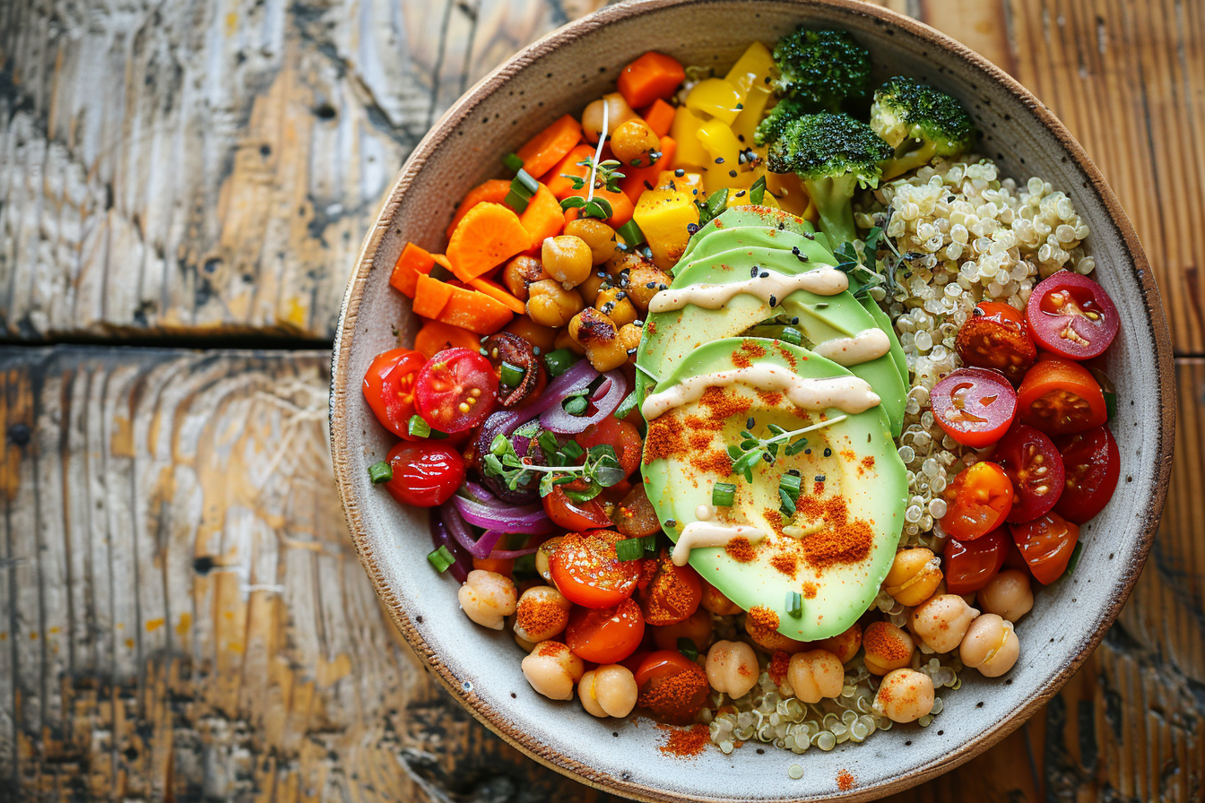 Quinoa-Bowl mit Ofengemüse – fertig angerichtet