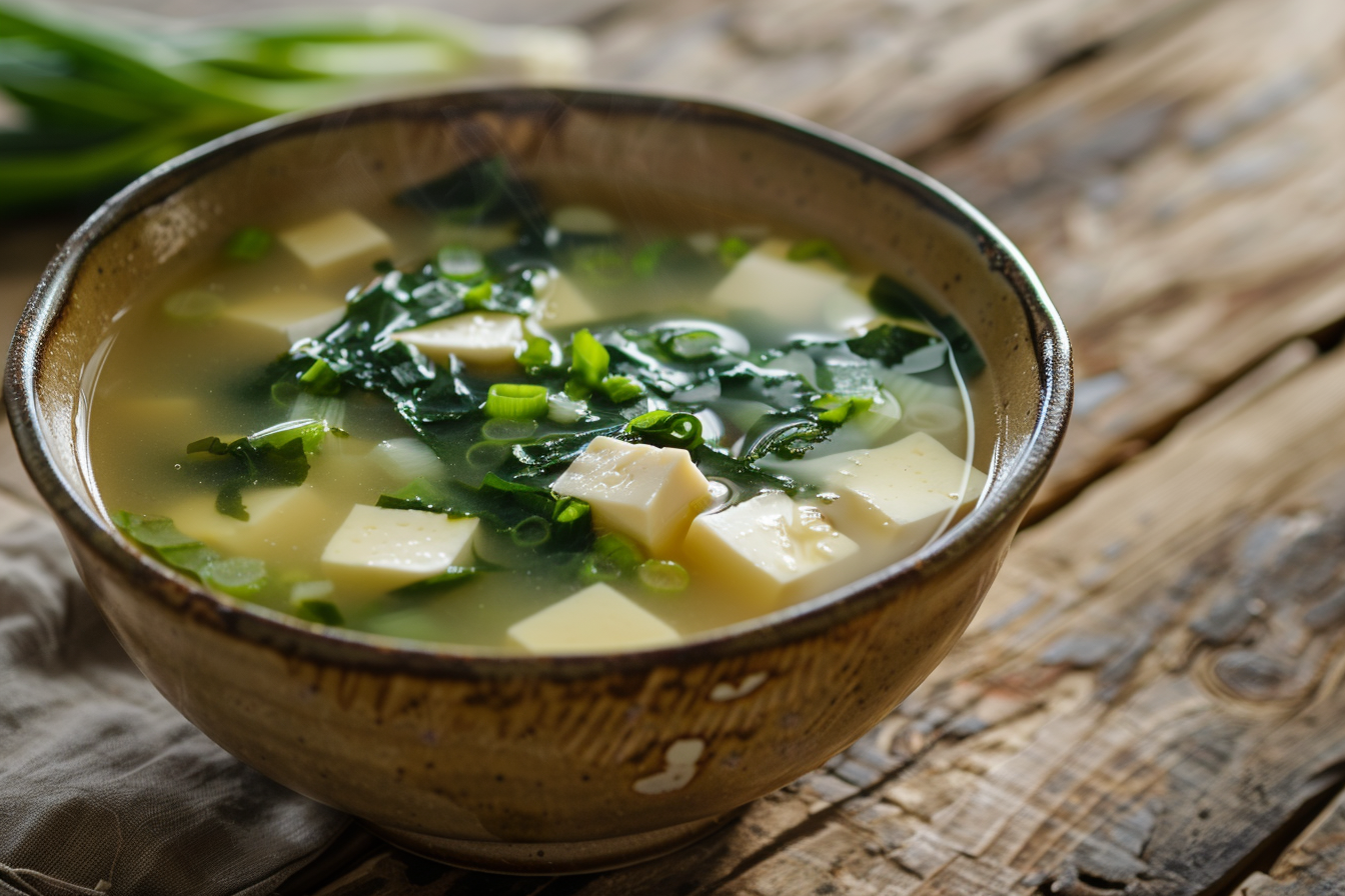 Miso-Suppe mit Tofu – fertig angerichtet und serviert