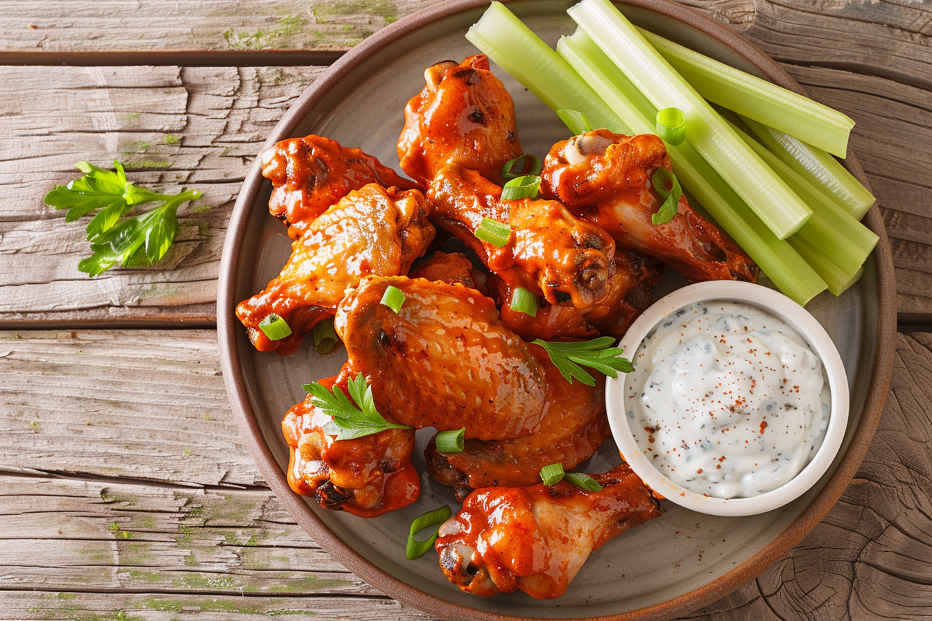 Buffalo Wings mit Blue-Cheese-Dip – fertig angerichtet und serviert