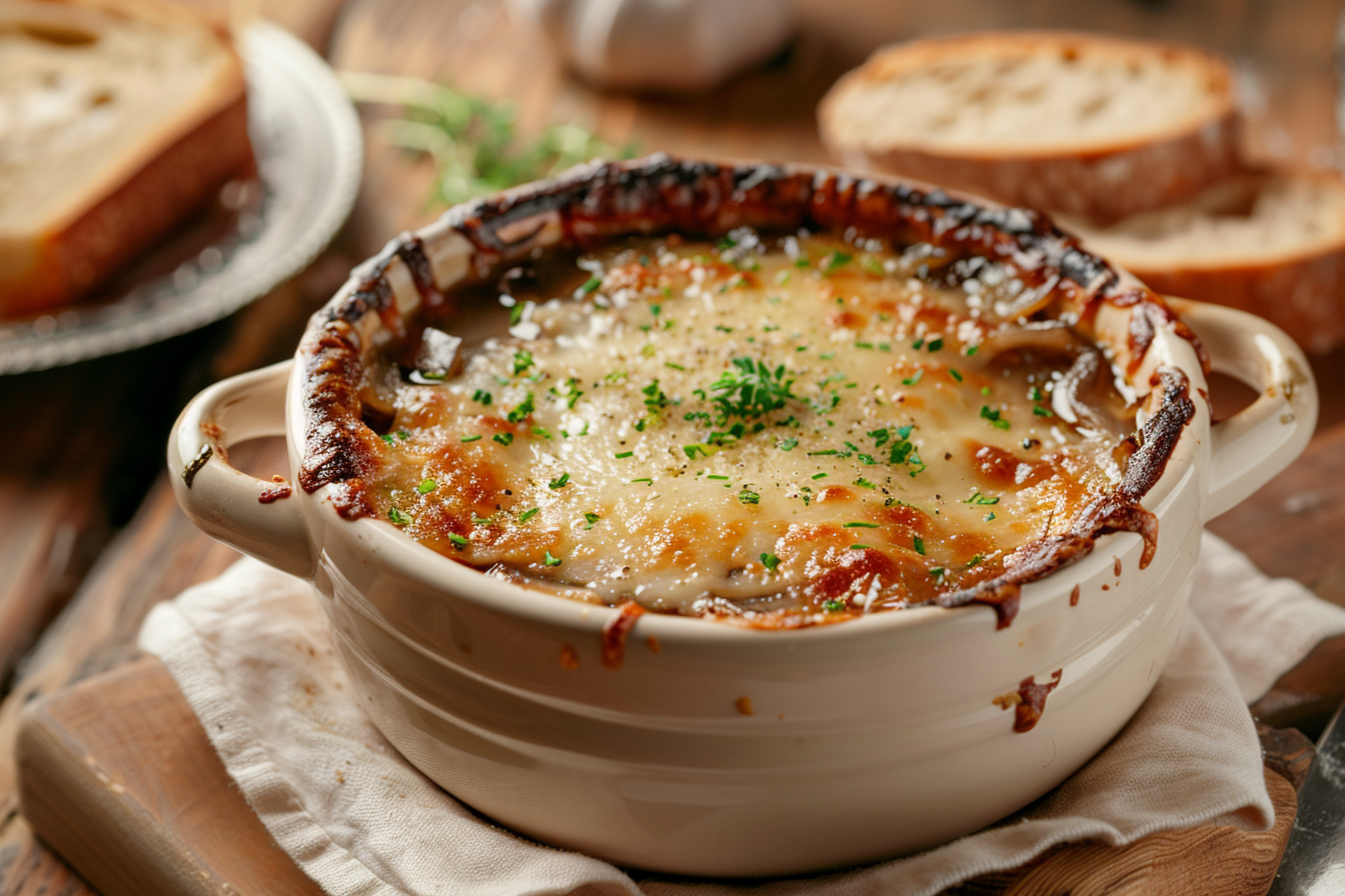 Französische Zwiebelsuppe – fertig angerichtet und serviert